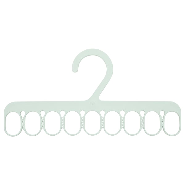 The SLIBB hanger is light green, made of 20% recycled plastic, and has eight loops for hanging small garments like socks and underwear.
