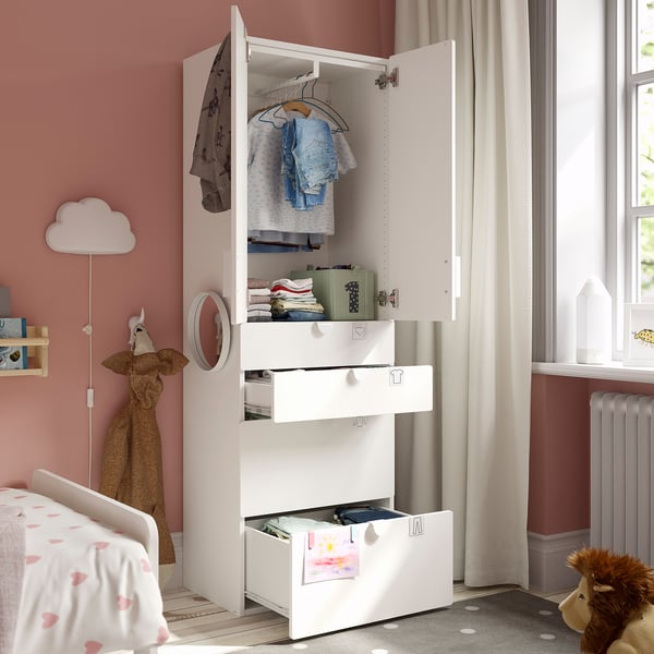 Small white kids wardrobe with shelves, hanging space, and drawers. Soft-close doors and adjustable feet.