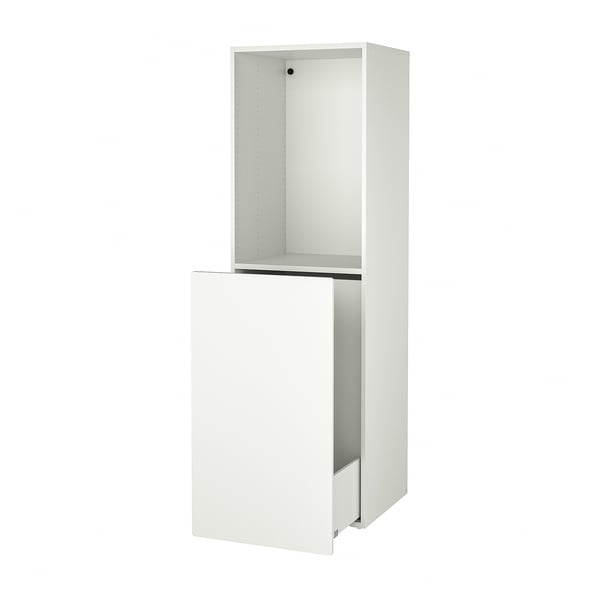 A white SMÅSTAD pull-out wardrobe. It has a square shape with one open drawer, ideal for childrens storage.