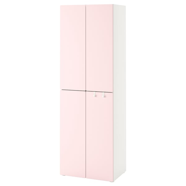 A pale pink SMÅSTAD wardrobe with double doors. Its designed for children, featuring a simple, modern design with adjustable feet for stability.