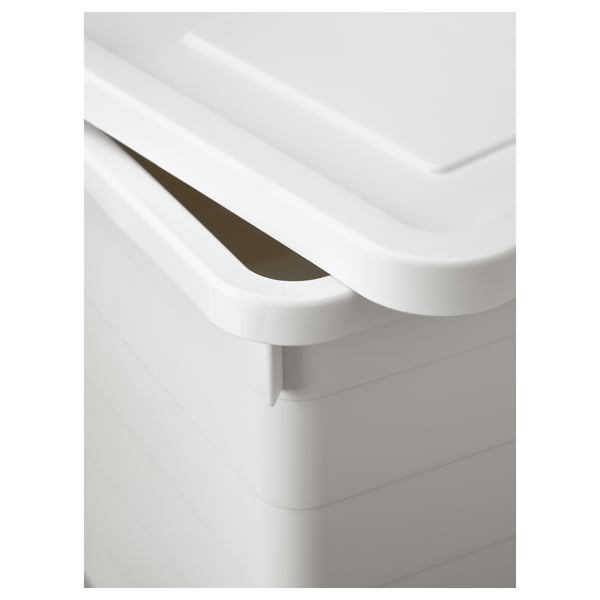 White storage box with snap lid, detailing air vent and lock mechanism.