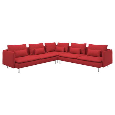 Bright red, modern l-shaped sectional sofa with numerous cushions, supported by slim silver legs, perfect for spacious living areas.