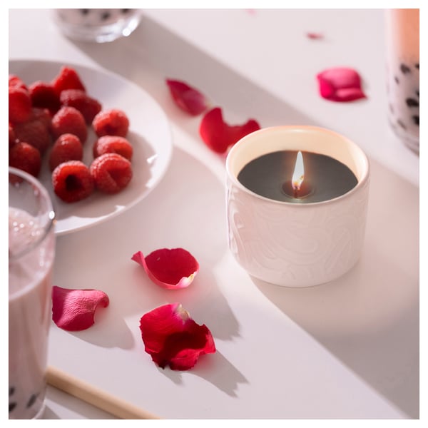 White ceramic candle, lit, surrounded by red rose petals, and raspberries on a plate, exuding a cosy, vanilla-raspberry scent.