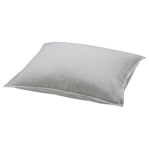 Grey striped cotton pillow with soft, rectangular shape.