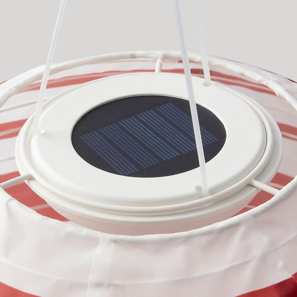 Close-up of solar-powered lamp showcasing its solar panel and white lace design.
