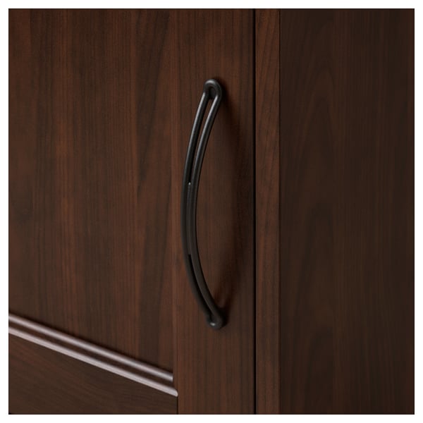 Dark wooden cabinet with sleek, black, curved handle, featuring high-quality finish and modern design.
