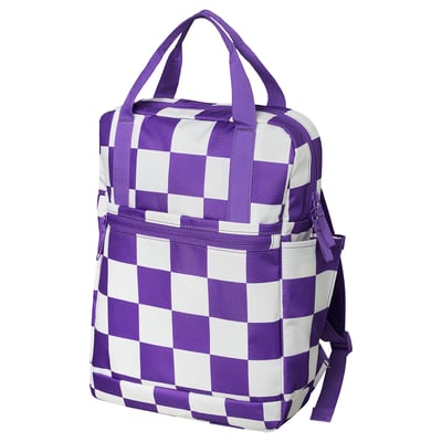 Chequered backpack with purple straps, water-resistant polyester, adjustable straps, & front pocket.