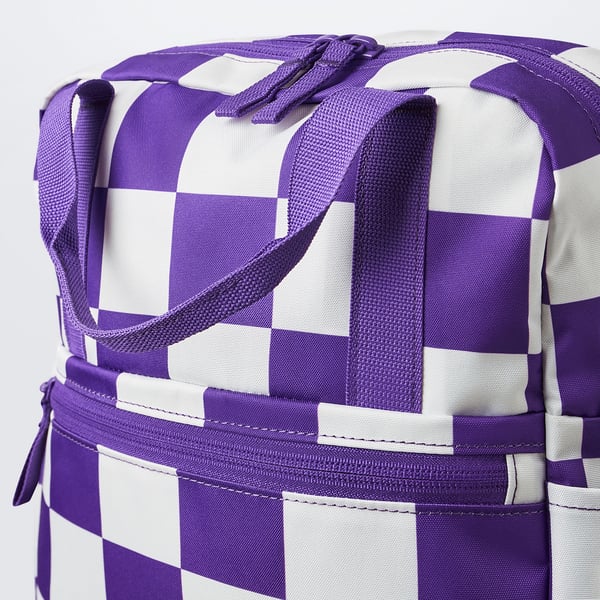 Backpack with purple and white chequered pattern, adjustable straps, and water-resistant material.