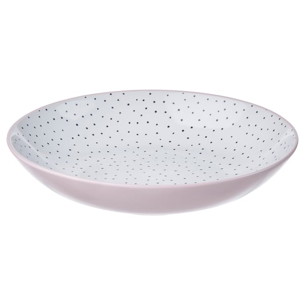 A stentikka serving bowl in light pink with black dots. Its round and made of stoneware.