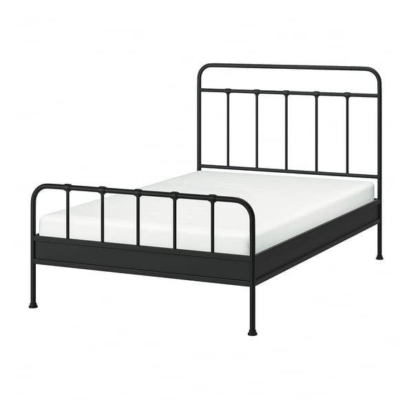 Modern black metal bed with curved headboard and footboard.