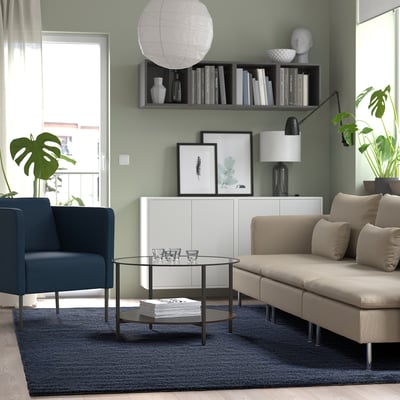 Modern living room with blue rug, grey couch, blue chair, glass table, green walls, plant, and bookshelf.