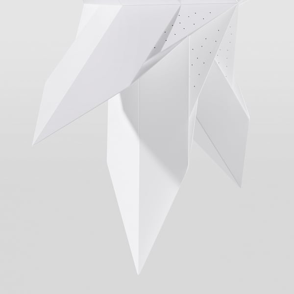 Modern pendant lamp with sleek, white design; geometric, dotted pattern on semi-translucent paperboard.