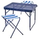 Blue mesh-top table with matching folding stool for outdoor use.