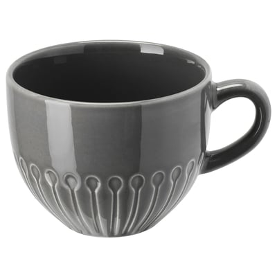 STRIMMIG mug, grey, glossy ceramic, round shape, textured flower design.