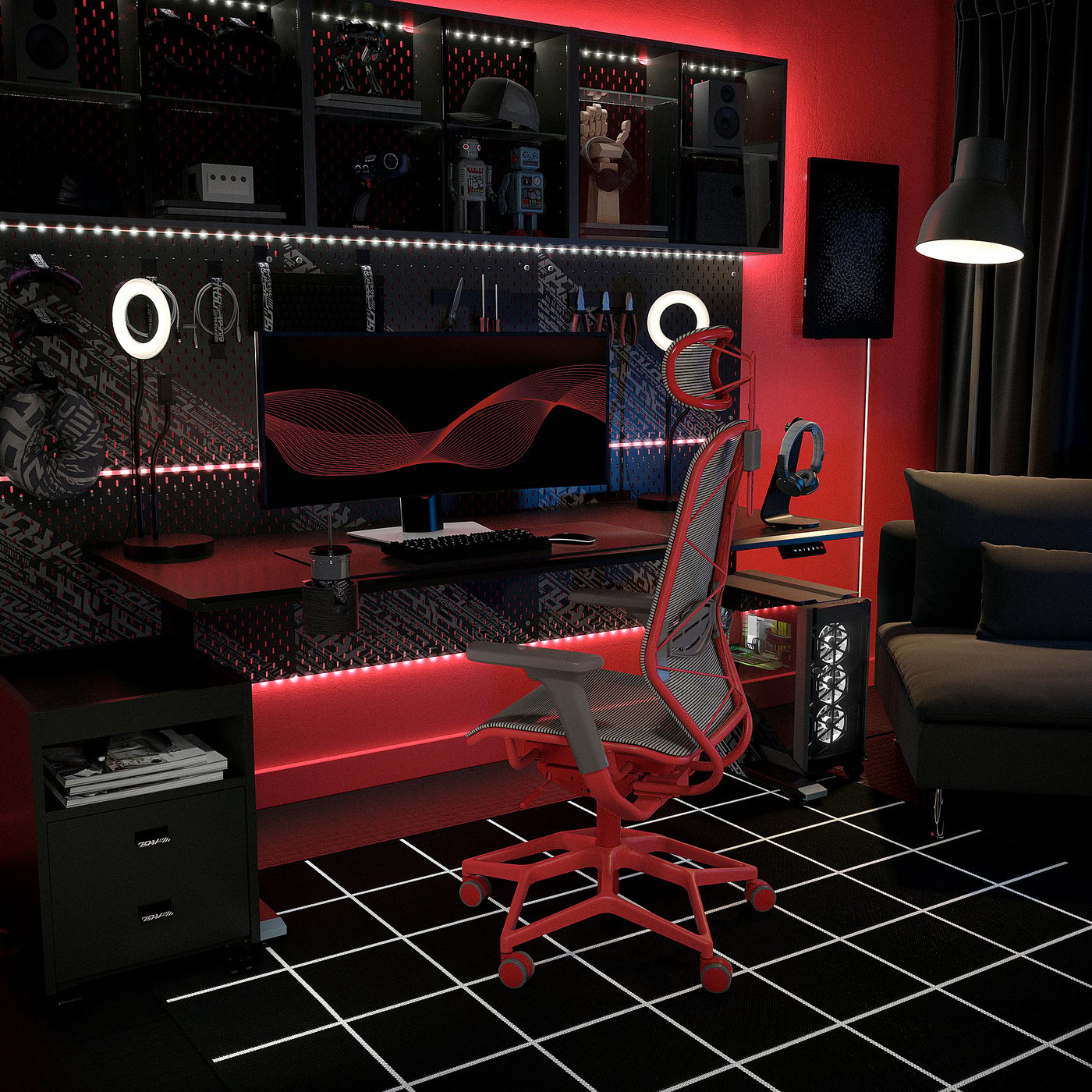 Modern gaming room with red STYRSPEL chair, led lights, dual monitors, and black decor.
