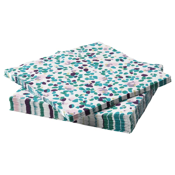 Stacked decorative napkins, TACKSAMHET, white with pastel dots and stripes, absorbent three-ply paper.