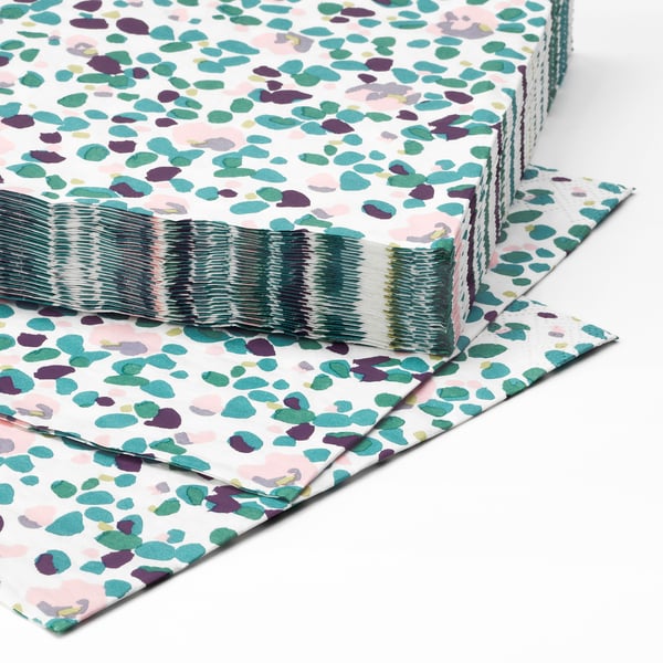 Stacked, colourful, patterned paper napkins with abstract shapes. Three-ply design ensures high absorbency. Bright and inviting for table settings.