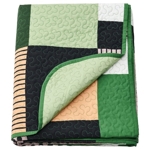 TALLSVÄRMARE quilt, green patches, soft recycled polyester, multicoloured.