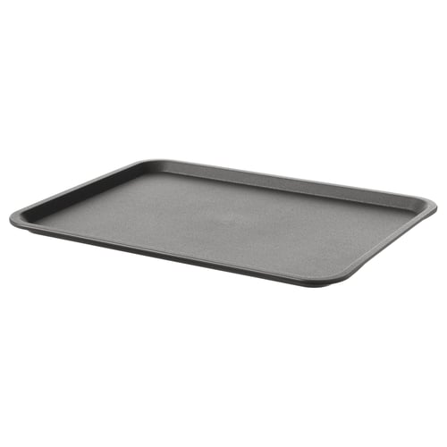 Grey plastic tray, rectangular, dishwasher safe, scratch-resistant.