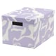 A TJENA storage box with a lavender and white marbled pattern. Its rectangular, made of recycled paperboard, and has a cut-out handle for easy access.