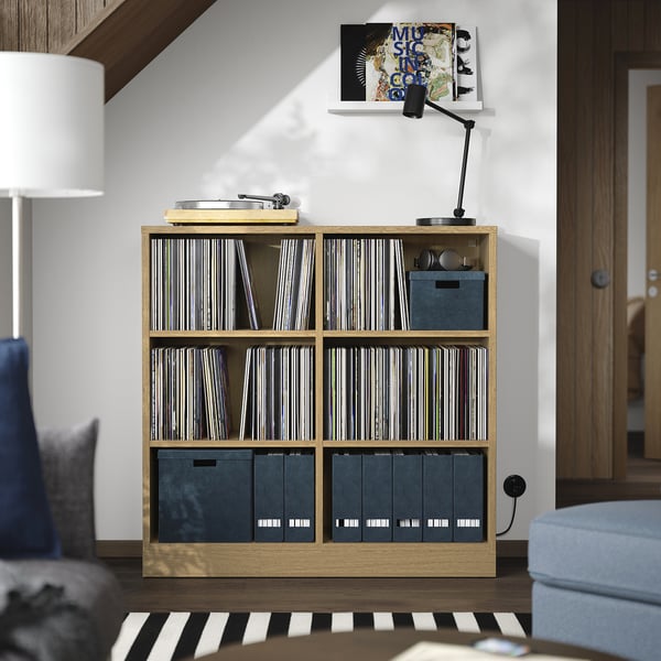 Vinyl record storage in modern living room.