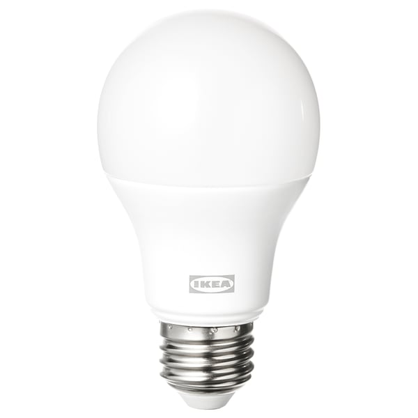 Ikea TRÅDFRI smart bulb, white, spherical with metallic base.