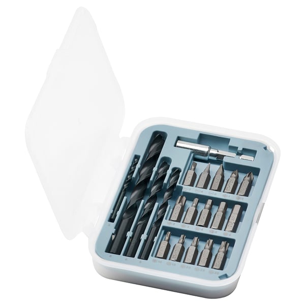 TRIXIG toolkit: blue case with white lid, holding 3 sets of bits for diy tasks.
