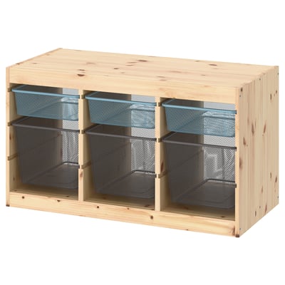 TROFAST light wood storage, grey mesh bins, cubby design.