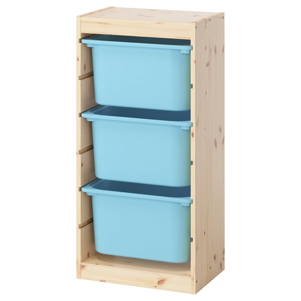 Ikea TROFAST: light wood frame, 3 blue plastic bins, open front, simple storage.