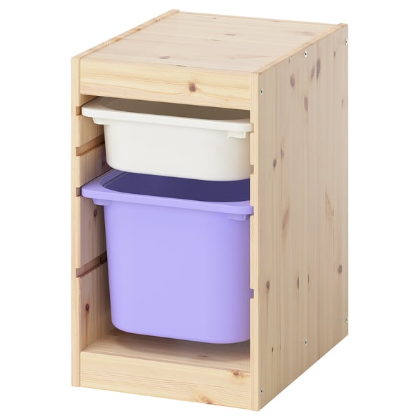TROFAST light-wood childs organiser with purple & white bins.