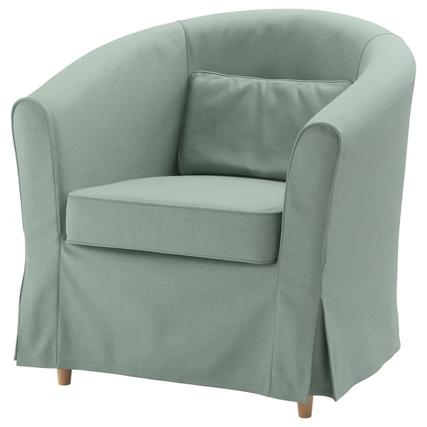TULLSTA armchair, light green, curved, comfy, with cushions.