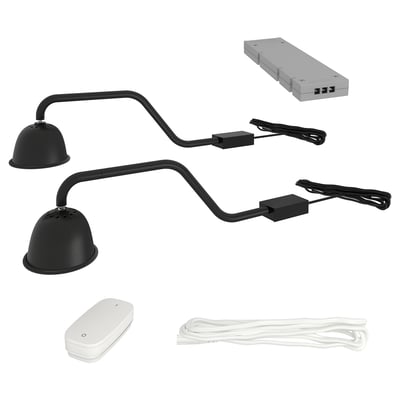 A black, adjustable cabinet lamp kit, including power supplies and a wireless dimmer.