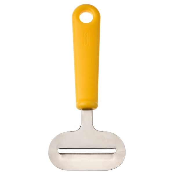 Yellow UPPFYLLD cheese slicer with plastic handle, metal blade, and storage hole.