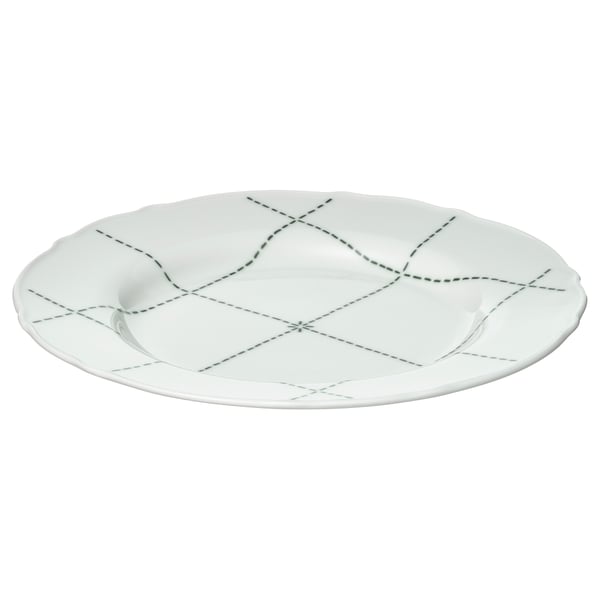 UPPLAGA white porcelain plate, round with ruffled edge, black dashed lines design.