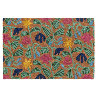 VÄGKURVA doormat: rectangular, colourful floral design on brown coir background. Vibrant hues, made from eco-friendly coconut fibre.