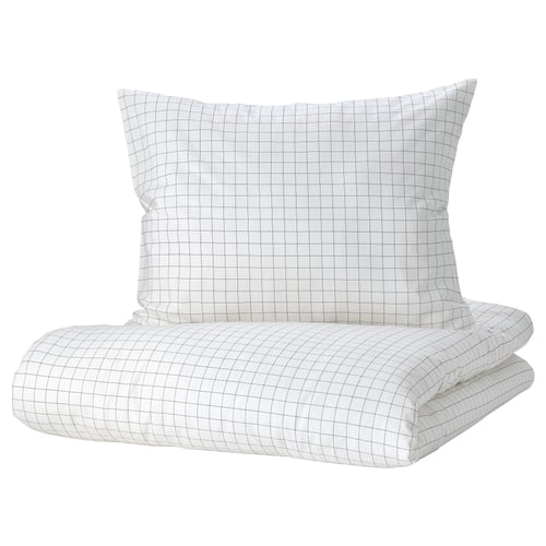 VÄNKRETS white duvet cover & pillowcase set. Square grid design. Soft cotton. Rectangular shape.