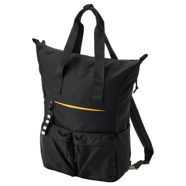 Black backpack with laptop sleeve, side pockets, and removable inner bag made from recycled polyester.