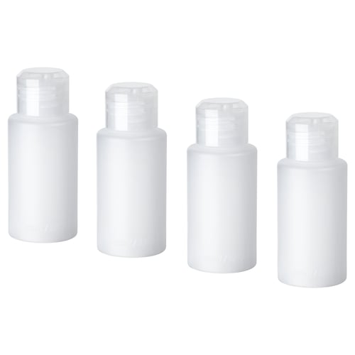 Four transparent VAGN travel bottles, rectangular, made of polyethylene and polypropylene plastics, arranged in a line.