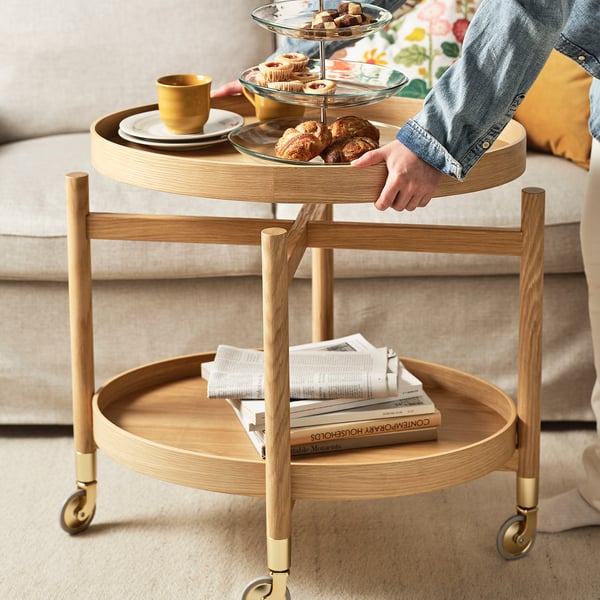 VALNÄS Trolley table with storage, oak veneer