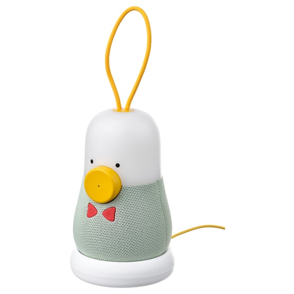 A white VAPPEBY speaker lamp with a yellow handle and red, heart-shaped accents, made of polycarbonate plastic and polyester, designed for children.