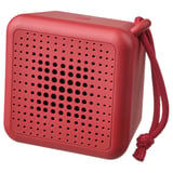 Red portable speaker, square shape, with hole pattern, waterproof, braided loop for hanging.
