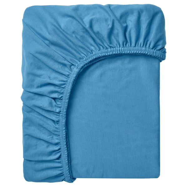 A blue VÅRVIAL cotton mattress sheet with an elastic edge.