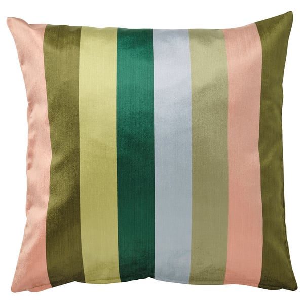 VATTENVÄN cushion cover: square, multi-striped colours: pink, green, grey, peach, olive, soft fabric.