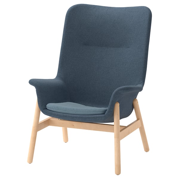 VEDBO: blue upholstered chair with wooden legs, high back, soft lines.