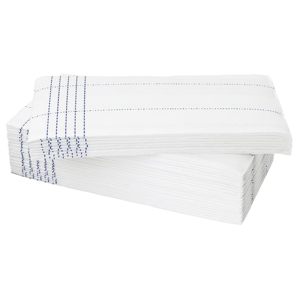 Stack of white folded VERKLIGHET paper napkins with blue pattern.