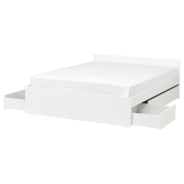 White VIHALS bed frame with storage, modern minimalist design.