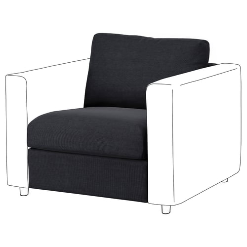 A modern, black VIMLE armchair with a dark grey washable fabric cover, square arms, and sleek design.