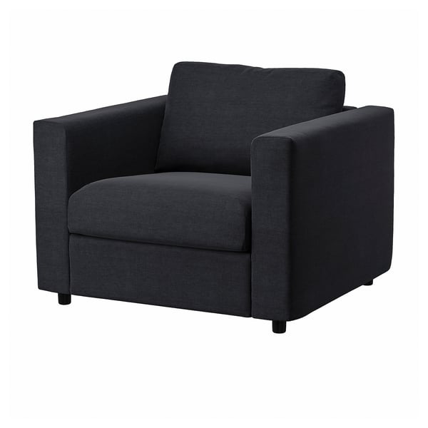 Dark grey VIMLE armchair, modern minimalist design, soft fabric, square shape.