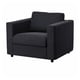 Dark grey VIMLE armchair, modern minimalist design, soft fabric, square shape.