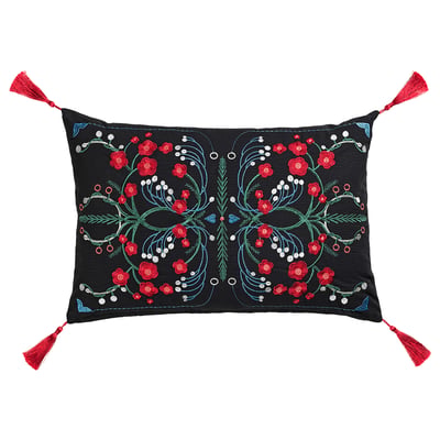Black VINTERFINT cushion, red embroidered flowers, red tassels.